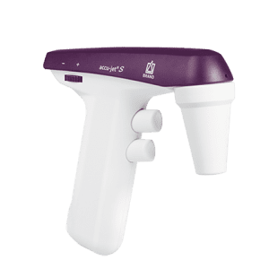 A berry-colored BrandTech accu-jet S Pipette Controller with a trigger and two buttons, shown with its universal AC adapter against a plain white background.