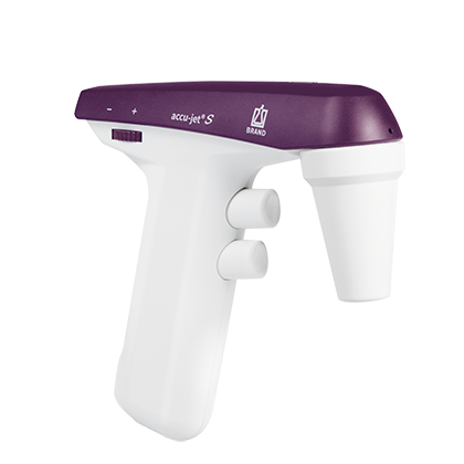 A berry-colored BrandTech accu-jet S Pipette Controller with a trigger and two buttons, shown with its universal AC adapter against a plain white background.