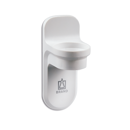 The Accu-jet S Wall Support (BrandTech) is a white wall-mounted holder with a circular top slot, rectangular backing, and BrandTech logo—ideal for securely supporting your Accu-jet S.