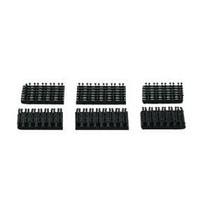 Six sets of identical small black cylindrical Accu-jet S Wall Support (BrandTech) accessories are arranged in two rows on a plain white background.