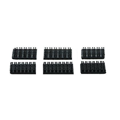 Six sets of identical small black cylindrical Accu-jet S Wall Support (BrandTech) accessories are arranged in two rows on a plain white background.