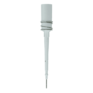 White plastic rain gauge sensor with a cylindrical top, coiled metal spring, and tapered body ending in a metal probe—echoes the design of the Transferpette S Shaft with Ejector Spring and Seal, Single Channel, 0.1-1 µL (BrandTech), shown on a plain background.