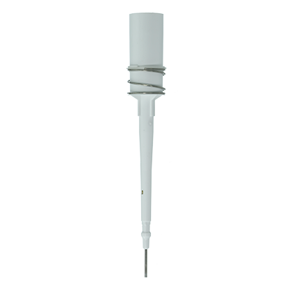 White plastic rain gauge sensor with a cylindrical top, coiled metal spring, and tapered body ending in a metal probe—echoes the design of the Transferpette S Shaft with Ejector Spring and Seal, Single Channel, 0.1-1 µL (BrandTech), shown on a plain background.
