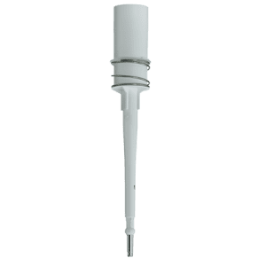 The Transferpette S Shaft with Ejector Spring and Seal, Single Channel (0.5-10μL, BrandTech) features a cylindrical top and tapered end for precise dispensing, shown against a white background. New!.