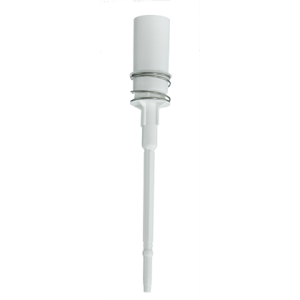 White plastic pump dispenser resembling the Transferpette S Shaft with Ejector Spring, Single Channel, 5-50μL (BrandTech), featuring a cylindrical top, metal spring, and long dip tube. Isolated on a plain white background.