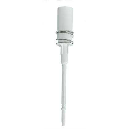 White plastic pump dispenser resembling the Transferpette S Shaft with Ejector Spring, Single Channel, 5-50μL (BrandTech), featuring a cylindrical top, metal spring, and long dip tube. Isolated on a plain white background.