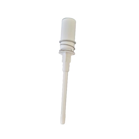 A white plastic Transferpette S Shaft with Ejector Spring, Single Channel, 20-200μL (BrandTech), is shown with a long dip tube against a plain white background.
