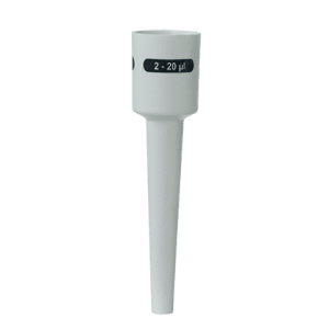 A white Transferpette S Lower Part of Ejector, Single Channel, 2-20μL (BrandTech, 2020+), with the measurement range shown on a black strip.