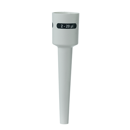 BT 704733 A white Transferpette S Lower Part of Ejector, Single Channel, 2-20μL (BrandTech, 2020+), with the measurement range shown on a black strip.