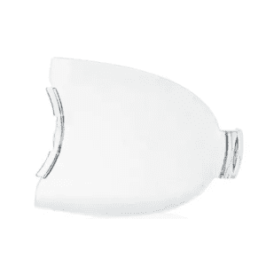 A clear, curved plastic visor with a notch, designed as a protective attachment for the Transferpette S Label Window Single & Multichannel pipettes (BrandTech, New! 2020+, All Volumes), shown on white.