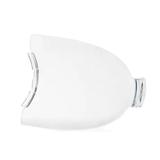BT 704750 A clear, curved plastic visor with a notch, designed as a protective attachment for the Transferpette S Label Window Single & Multichannel pipettes (BrandTech, New! 2020+, All Volumes), shown on white.