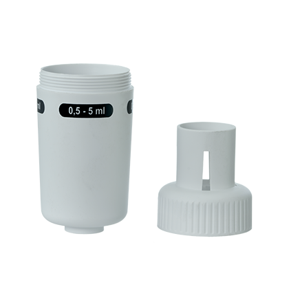 BT 704766 A white plastic measuring container labeled “0.5–5 mL,” like those for the Transferpette S Ejector Set Single Channel 0.5-5mL (BrandTech), with its detachable cap beside it on a plain white background.