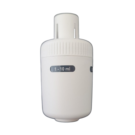 BT 704767 A Transferpette S Ejector Set, New! (2020+), Single Channel, 1-10mL (BrandTech), white plastic medical inhaler chamber design, is displayed against a plain white background.