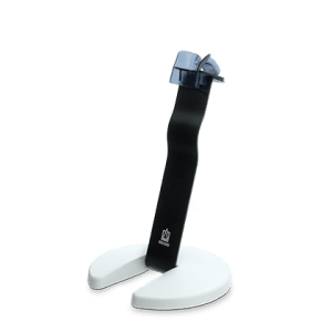 A black and white Individual Stand for Transferpette Electronic from BrandTech holds a mounted cartridge razor and is displayed on a plain light background.