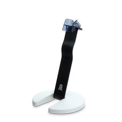 BT 705384_R A black and white Individual Stand for Transferpette Electronic from BrandTech holds a mounted cartridge razor and is displayed on a plain light background.