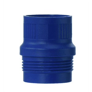 Blue plastic threaded pipe connector with a ridged surface, shown on a white background, compatible with Transferpette S Upper Ejector, Single Channel, New! (2020+), 500µL and 1000µL (BrandTech) systems.