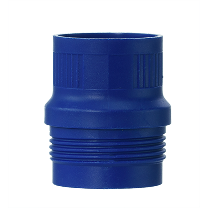 BT 705511 Blue plastic threaded pipe connector with a ridged surface, shown on a white background, compatible with Transferpette S Upper Ejector, Single Channel, New! (2020+), 500µL and 1000µL (BrandTech) systems.
