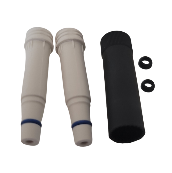 Two white Transferpette S multichannel 50μL nose cones (BrandTech, new version), a black cap, and two small black O-rings are shown on a white background.