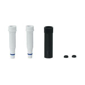 Two white Transferpette S nose cones (100μL, multichannel, BrandTech, new version), one black adapter, and two small black caps are shown side by side—perfect accessories for your multichannel pipette.