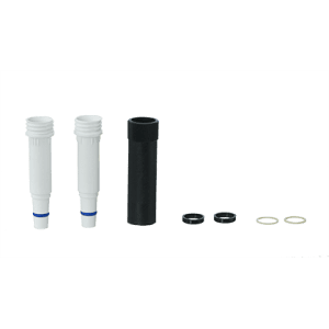 A pair of white Transferpette S nose cones (New Version, Multichannel, 300μL, BrandTech) is arranged with black connectors and rings plus beige washers on a white background—ideal for updating your pipette system.