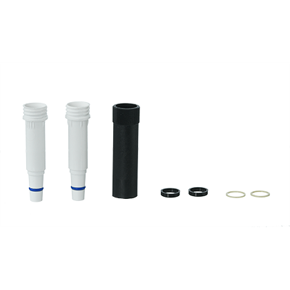 A pair of white Transferpette S nose cones (New Version, Multichannel, 300μL, BrandTech) is arranged with black connectors and rings plus beige washers on a white background—ideal for updating your pipette system.