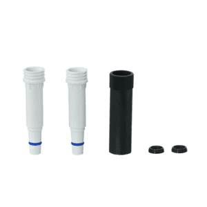 Two new version Transferpette S Multichannel 200μL white nose cones (2pk, BrandTech) with blue bands and included black adapters and round caps are displayed on a plain white background.