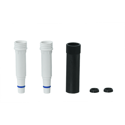 Two new version Transferpette S Multichannel 200μL white nose cones (2pk, BrandTech) with blue bands and included black adapters and round caps are displayed on a plain white background.