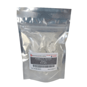 A sealed silver pouch contains Drummond TC Replacement Filters, 0.2µm, Sterile, 5 Pack (Drummond), with a front label showing product and manufacturer details.