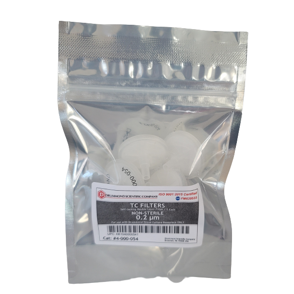 DR 4-000-054 A sealed foil pouch contains Drummond TC Replacement Filters, 0.2µm, Sterile, 5 Pack (Drummond), with a product label listing catalog number 44-900-054.