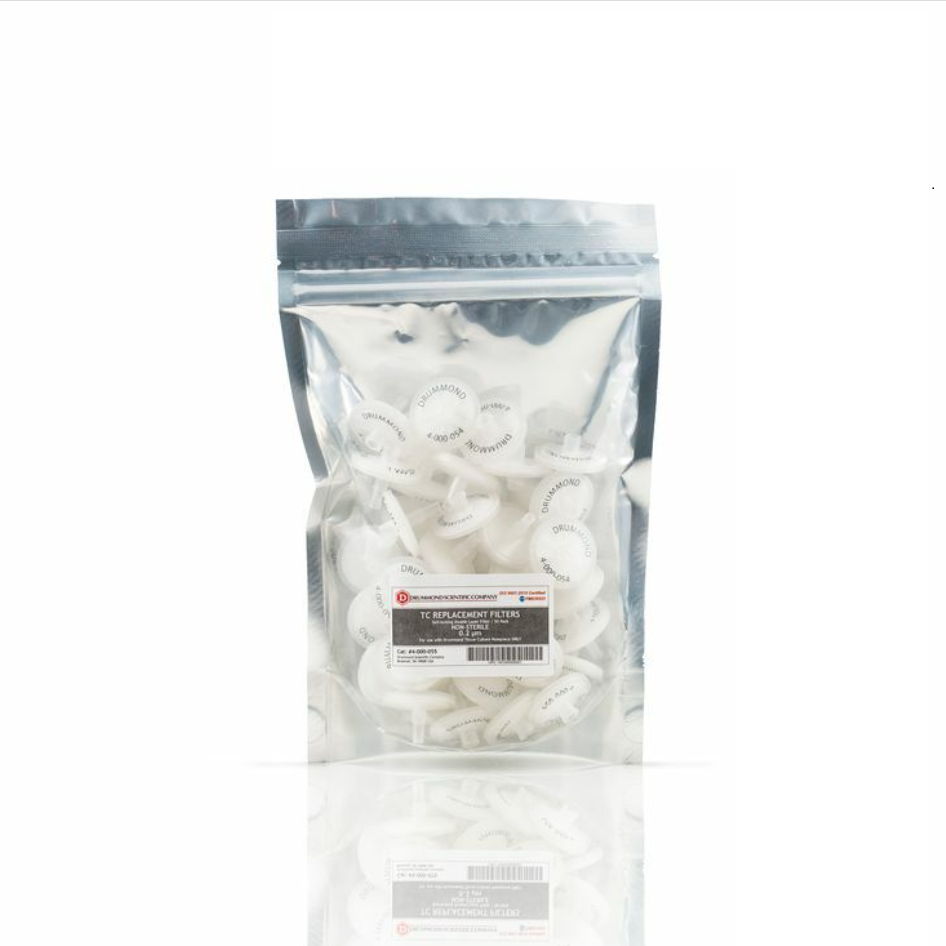 DR 4-000-055 A clear resealable bag holds multiple Drummond TC Replacement Filters, 0.2µm, Non-Sterile, 50 Pack (Drummond), with a front label showing product details.