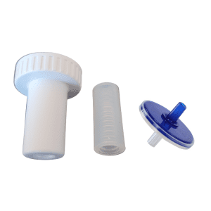 Three plastic medical components—a Thermo Scientific S1 Pipet Filler Nosepiece Assembly, a clear ribbed tube, and a blue and white disc filter—are arranged in a row on a white background. Perfect for pipet filler systems.
