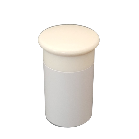 A white cylindrical container with a slightly domed, off-white lid sits against a plain background, reflecting the streamlined design of the Research Plus Control Button, 16ch & 24ch, 20µL (Eppendorf).
