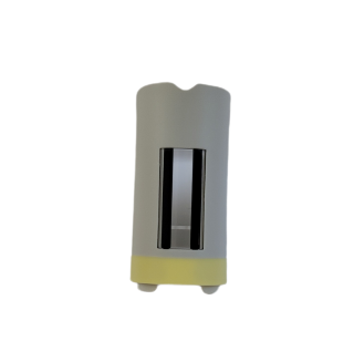 The Research Plus Display Window, Light Yellow, 16ch & 24ch, 100μL (Eppendorf), is a gray and yellow cylindrical plastic container featuring a transparent front window—perfect for display and research use.