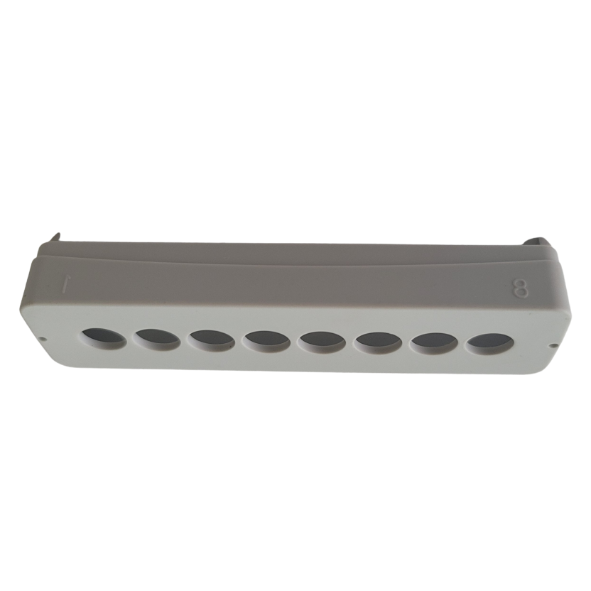 Gray plastic rectangular Research Plus Xplorer/Xplorer Plus Ejector for multichannel pipettes, 8 channel, 1200μL (Eppendorf), featuring eight circular holes on one side, shown against a white background.