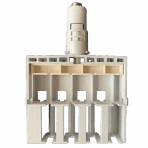 The Eppendorf Research Plus Lower Part Basic Body, Multichannel, 8 Channel, 1200μL is a gray plastic component with five vertical slots and a top cylindrical connector, shown front-facing against a white background.