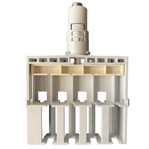 EP_3122822000 The Eppendorf Research Plus Lower Part Basic Body, Multichannel, 8 Channel, 1200μL is a gray plastic component with five vertical slots and a top cylindrical connector, shown front-facing against a white background.