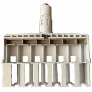 Close-up of a white plastic attachment resembling the Research Plus Lower Part Basic Body, Multichannel, 12 Channel, 1200μL (Eppendorf).