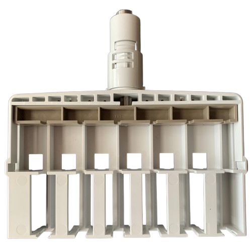 EP_3122823007 Close-up of a white plastic attachment resembling the Research Plus Lower Part Basic Body, Multichannel, 12 Channel, 1200μL (Eppendorf).