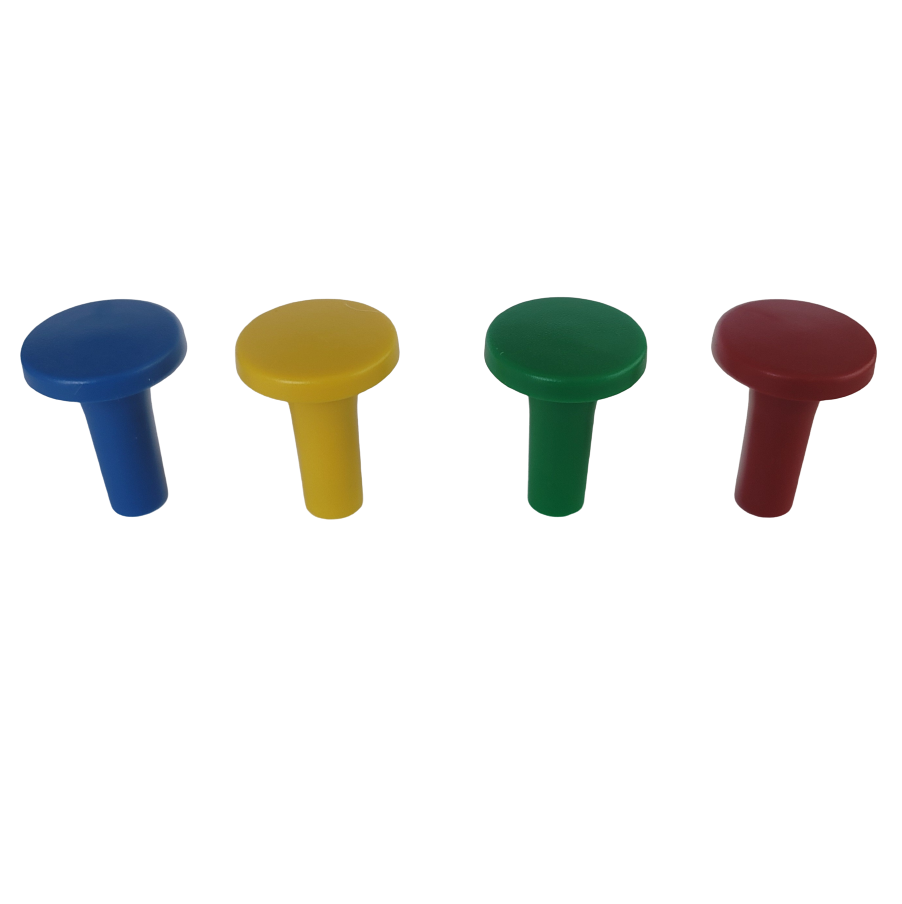 Four plastic pegs in blue, yellow, green, and red from the Axypet Pro / Lambda EliteTouch Pushbutton Set, 4 Colors (Labnet) are arranged in a row on a white background.