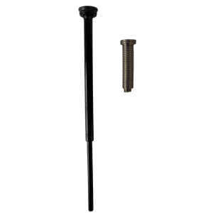 A long black Axypet Pro / Lambda EliteTouch Single Channel Piston with seal and spring, 1000μL (Labnet), lies next to a short metal threaded insert on a white background, both designed for precise liquid handling.