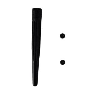 An Axypet Pro / Lambda EliteTouch Single Channel Shaft Kit with O-ring, 10μL (Labnet), features a black pen barrel standing upright on the left and two small O-rings placed on the right, set against a white background.