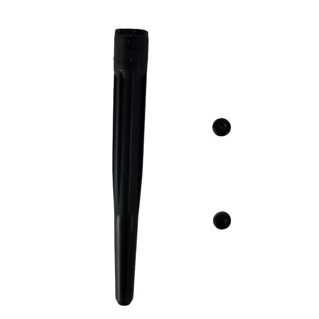 An Axypet Pro / Lambda EliteTouch Single Channel Shaft Kit with O-ring, 10μL (Labnet), features a black pen barrel standing upright on the left and two small O-rings placed on the right, set against a white background.