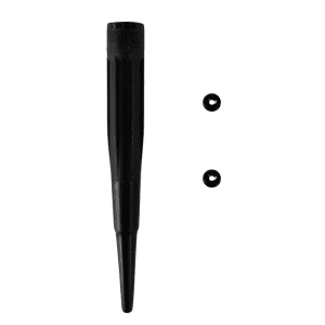 A black plastic stake with a tapered end is displayed next to two small black O-ring grommets on a white background—ideal for the Axypet Pro / Lambda EliteTouch Single Channel Shaft Kit with O-ring, 20μL (Labnet).