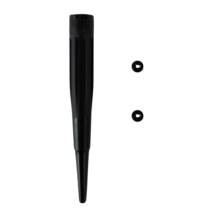 A black plastic stake with a tapered end is displayed next to two small black O-ring grommets on a white background—ideal for the Axypet Pro / Lambda EliteTouch Single Channel Shaft Kit with O-ring, 20μL (Labnet).
