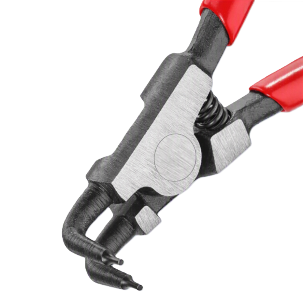 Close-up of a pair of Rainin Pipet-Lite Retaining Ring Pliers with red handles, black-and-silver finish, bent tips, and a spring mechanism, designed for precise retaining ring removal in pipette maintenance.