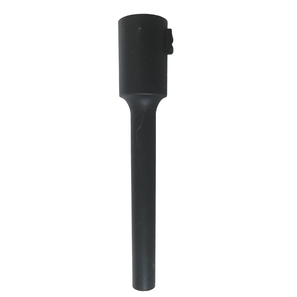A black Finnpipette F1 ClipTip Upgrade Ejector, Single Channel, Slim (10–300 μL) from Thermo Scientific, featuring a wider top and a narrower elongated bottom, is shown against a white background.