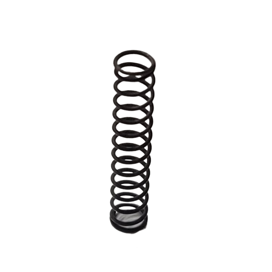 A black metal coil spring stands upright on a white background, evoking the precision and reliability of the Finnpipette F1 ClipTip Upgrade Ejector Spring for Single Channel Slim pipettes (10–300μL, Thermo Scientific).