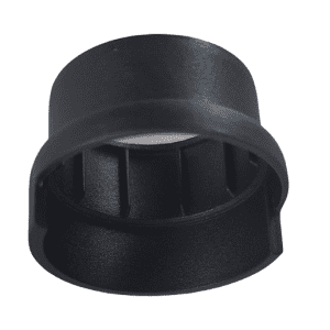 A black Axypet Pro / Lambda EliteTouch Ejector Pusher Multichannel (Corning), for all volumes, shown with vertical inner ridges and cylindrical design, photographed against a white background.