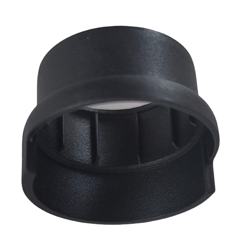 LN SP19530 A black Axypet Pro / Lambda EliteTouch Ejector Pusher Multichannel (Corning), for all volumes, shown with vertical inner ridges and cylindrical design, photographed against a white background.