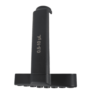 Black 8-channel Axypet Pro / Lambda EliteTouch Tip Ejector, 10 µL capacity, compatible with Corning multichannel pipettes.